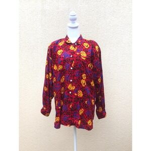 Epitome, Japan vintage red black blue yellow floral rayon button down blouse